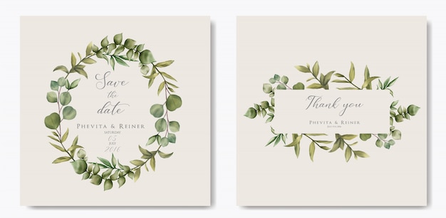 Elegant wedding invitation template with eucalyptus leaves