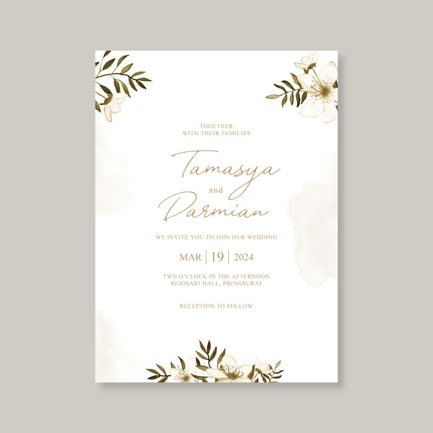 Elegant wedding invitation template with floral watercolor