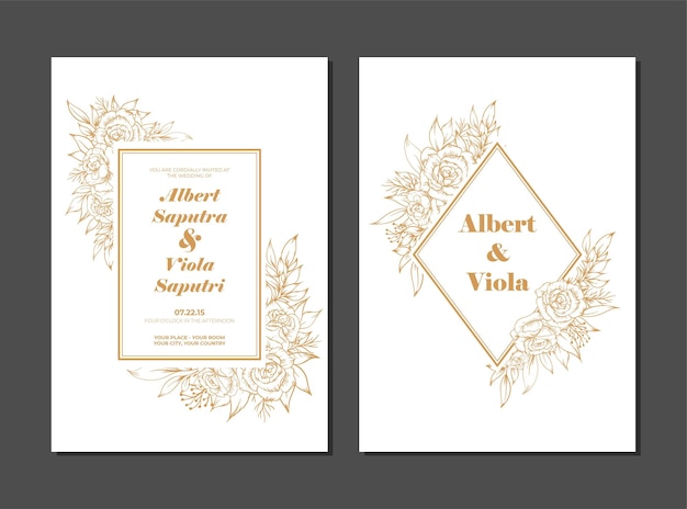 Elegant wedding invitation template with gold flower hand drawn line art