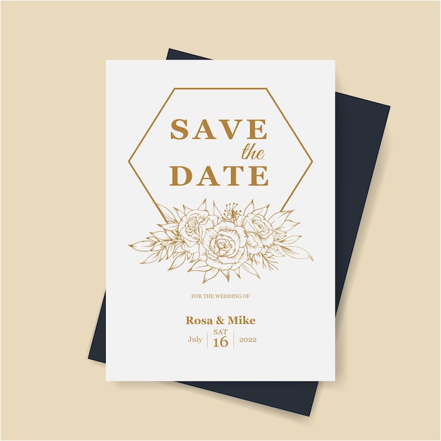 elegant wedding invitation template with gold flower hand drawn line art