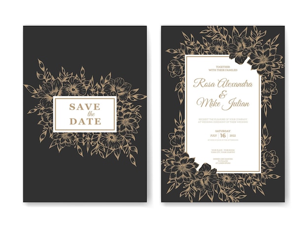 Elegant wedding invitation template with gold outline flower