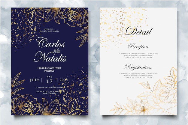 Elegant wedding invitation template with golden floral decoration
