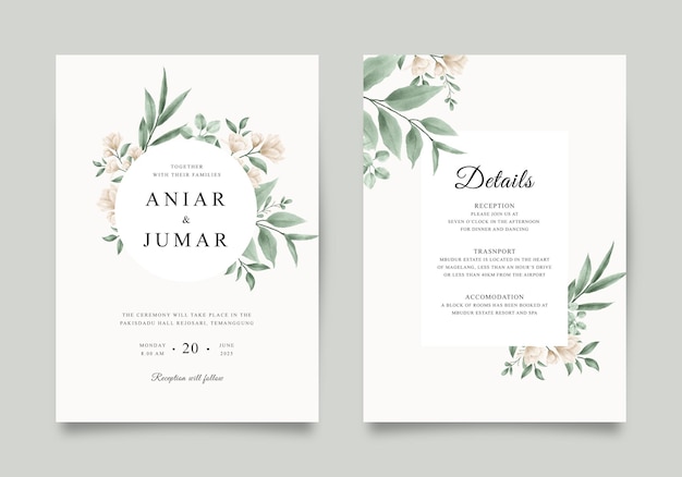 Vector elegant wedding invitation template with green flowers and leaves