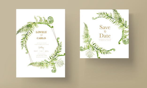 Vector elegant wedding invitation template with greenery watercolor fern leaves