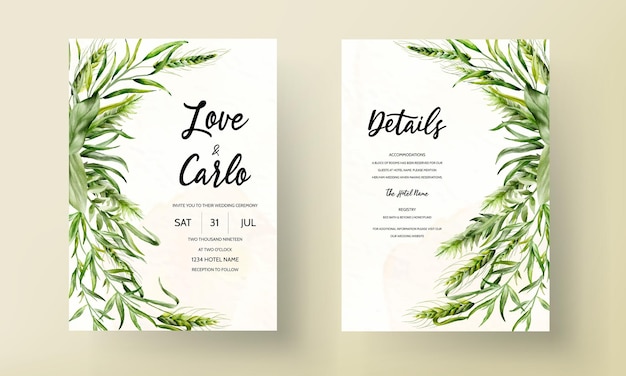 Elegant wedding invitation template with leaves