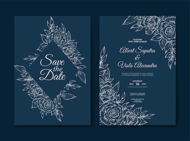 Elegant wedding invitation template with outline flower decoration