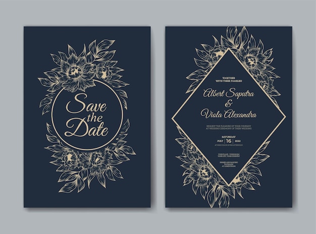 Elegant wedding invitation template with outline flower decoration