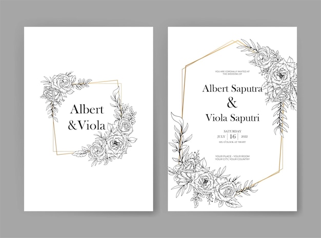 Elegant wedding invitation template with outline flower decoration