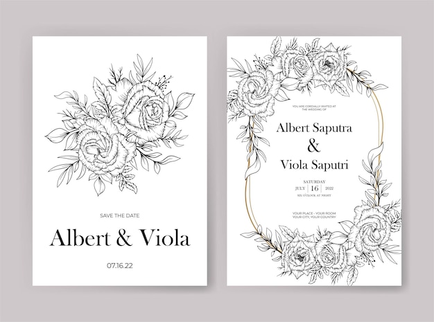 Elegant wedding invitation template with outline flower decoration