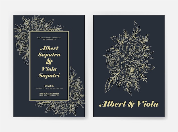 Vector elegant wedding invitation template with outline flower decoration