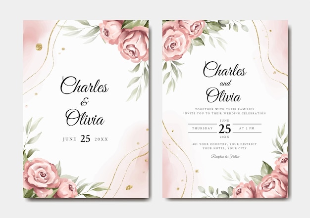 Elegant wedding invitation template with pink rose