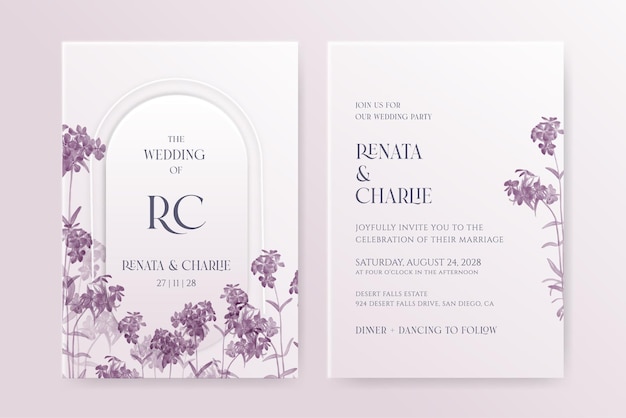 Elegant wedding invitation template with purple flower