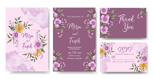 an elegant wedding invitation template with purple watercolor flower decoration