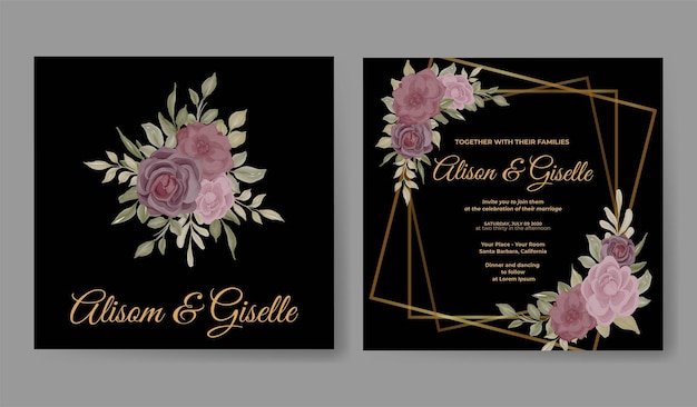Элегантный шаблон свадебного приглашения с розово-фиолетовой цветочной акварелью