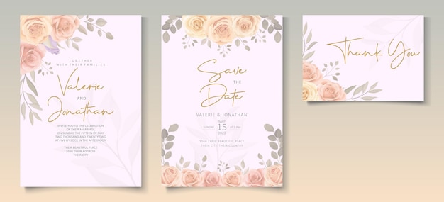 Elegant wedding invitation template with soft color blooming roses flower