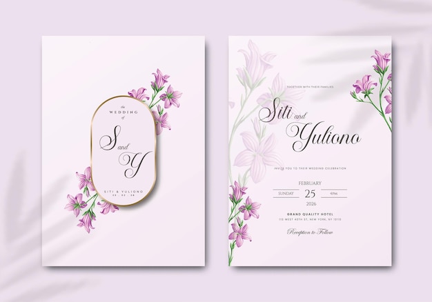 柔らかいピンクの背景と紫の花プレミアムベクターを持つエレガントな結婚式の招待状テンプレート