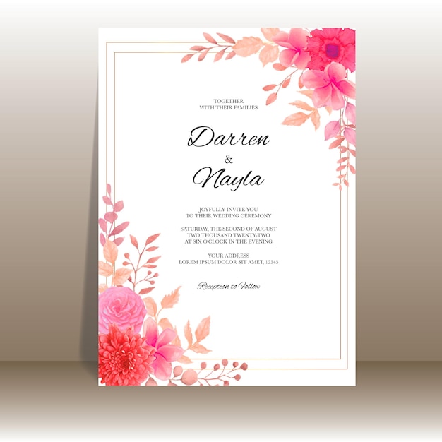 Elegant wedding invitation template with watercolor floral