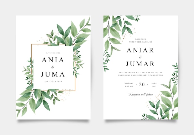 Elegant wedding invitation template with watercolor green leaves