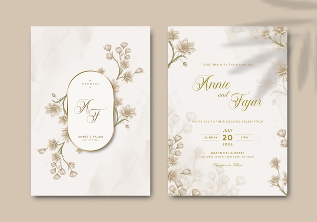 Elegant wedding invitation template with watercolor illustration premium vector