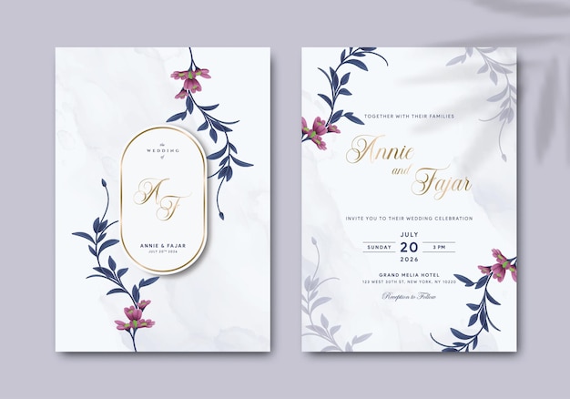 Elegant wedding invitation template with watercolor illustration premium vector