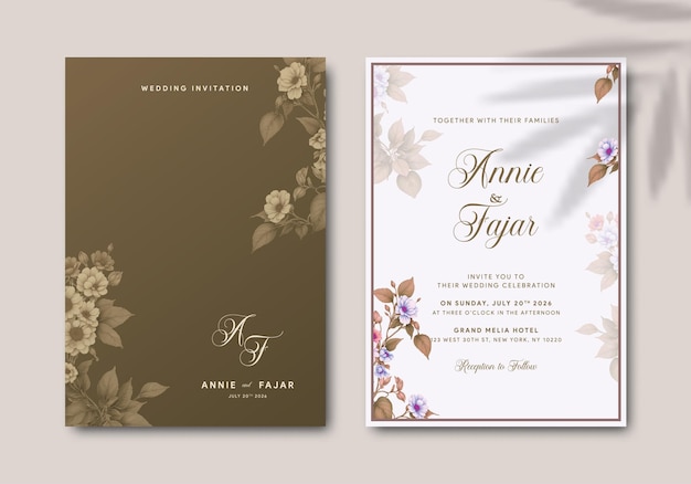 Elegant wedding invitation template with watercolor illustration premium vector