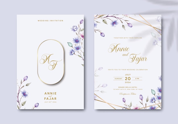 elegant wedding invitation template with watercolor illustration premium vector