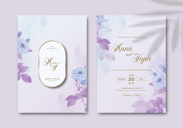 Elegant wedding invitation template with watercolor illustration premium vector