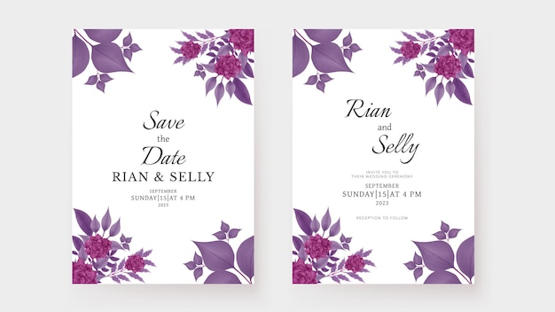 Elegant wedding invitation template with watercolor purple flower