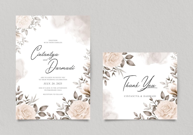 Elegant wedding invitation template with watercolor yellow roses