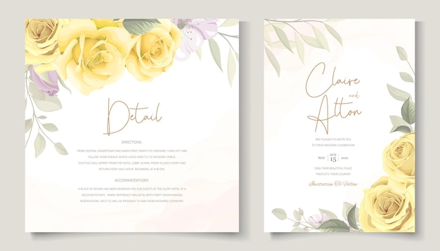 Elegant wedding invitation template with yellow color floral ornament