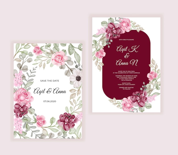 Elegant wedding invitation watercolor flower and leaves