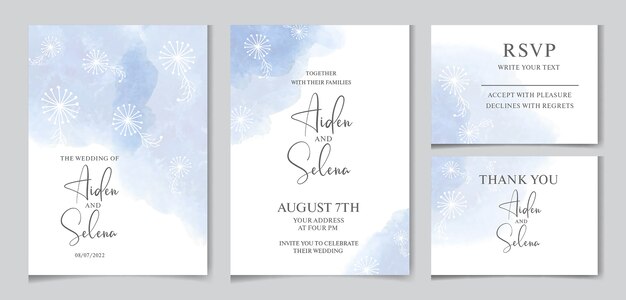 Vector elegant wedding invitation with blue watercolor splash