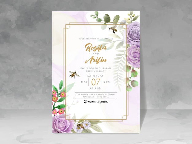 Elegant wedding invitation with floral and bees watercolor