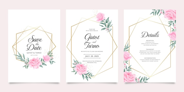 Элегантное свадебное приглашение с геометрической золотой каймой, розами и листьями