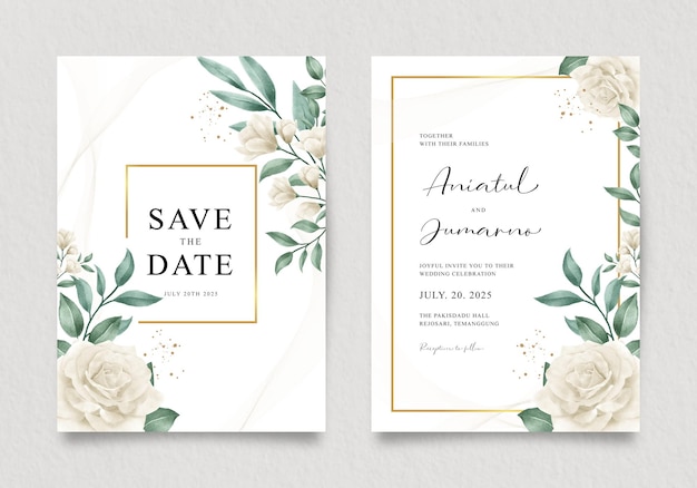 Elegant wedding invitation with gold frame and watercolor floral