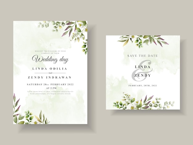 Elegant wedding invitation with greenery leaves