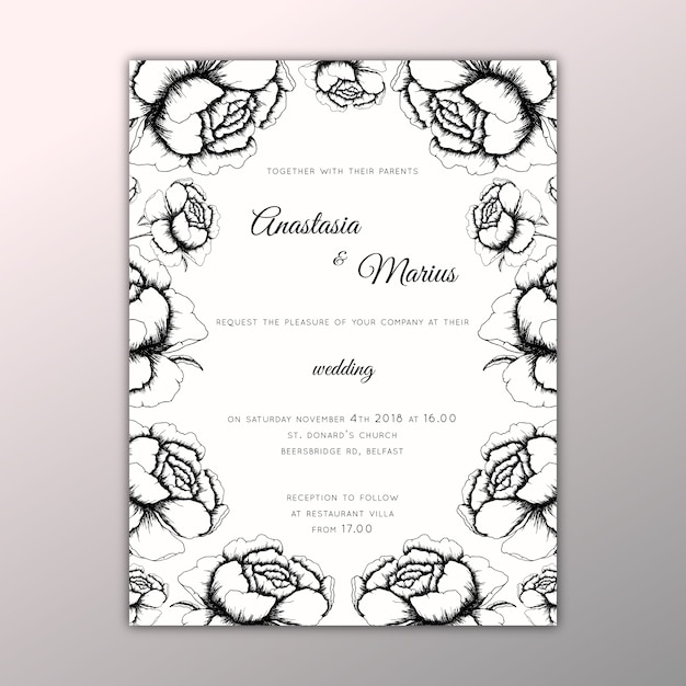 Vector elegant wedding invitation with hand drawn peonies