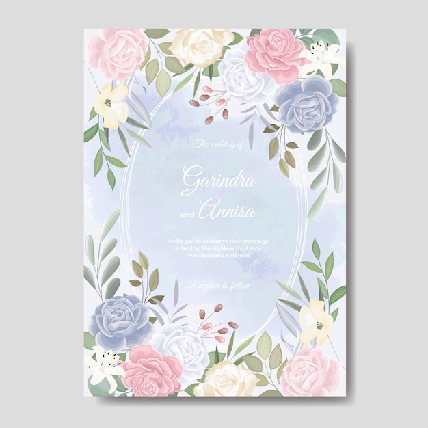 Elegant wedding invitations card template with colouful floral and leaves