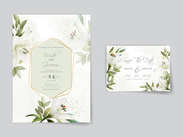 Elegant wedding invitations card with white lily watercolor design