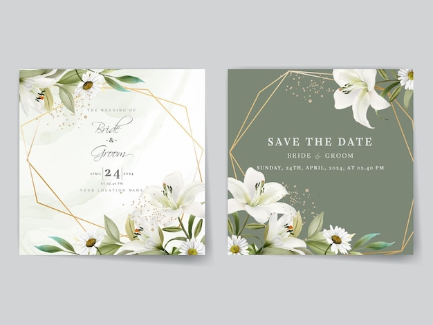 Elegant wedding invitations card with white lily watercolor design