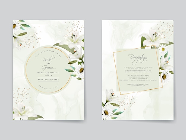 Elegant wedding invitations card with white lily watercolor design