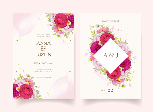 Partecipazioni di nozze eleganti con fiori acquerelli rosa scuro