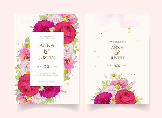 Elegant wedding invitations with dark pink watercolor flowers