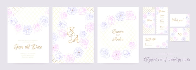 Elegant wedding invitations with roses and leaves frames