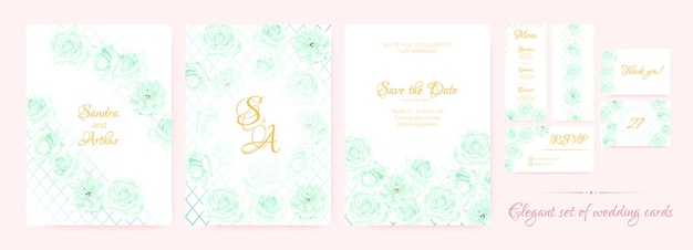 Elegant wedding invitations with roses and leaves frames