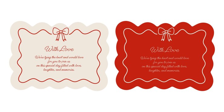 Elegant wedding invitations with scalloped edges and ribbon bow detail