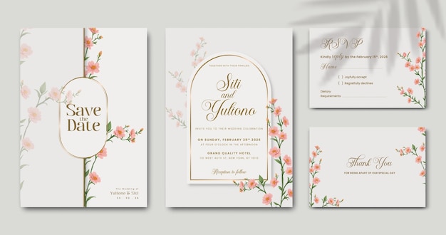 elegant wedding invitiation set template with flower premium vector