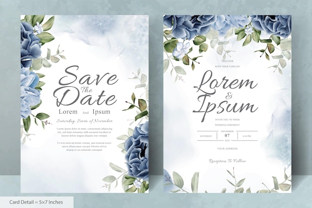 Elegant wedding stationery with navy blue flower and leaves