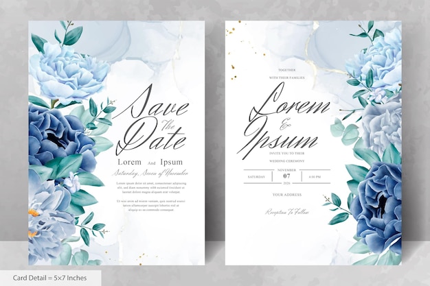Elegant wedding stationery with navy blue flower and leaves