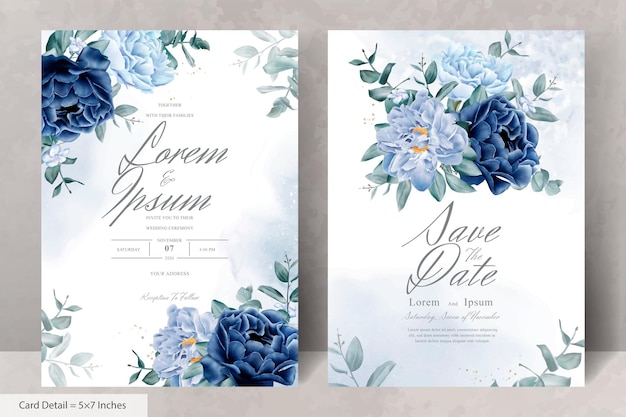 Elegant wedding Stationery with Navy Blue Flower and Leaves